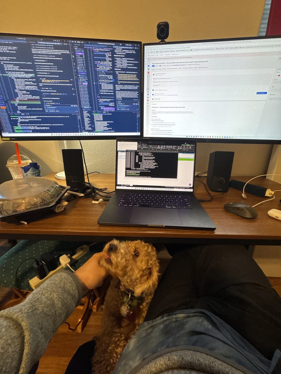 Brock next to coding setup