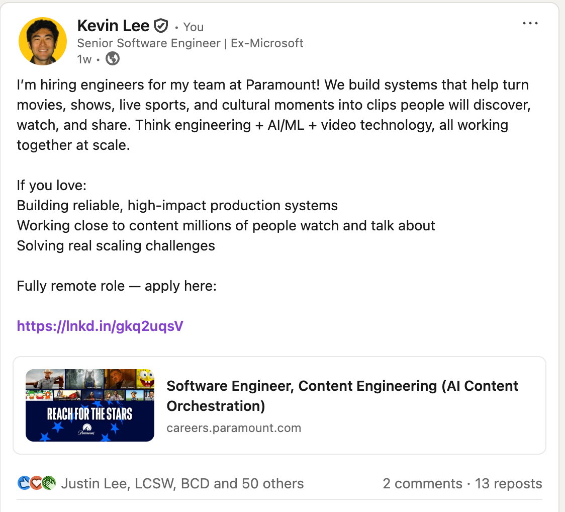 LinkedIn job posting — Paramount Short Form engineering hires