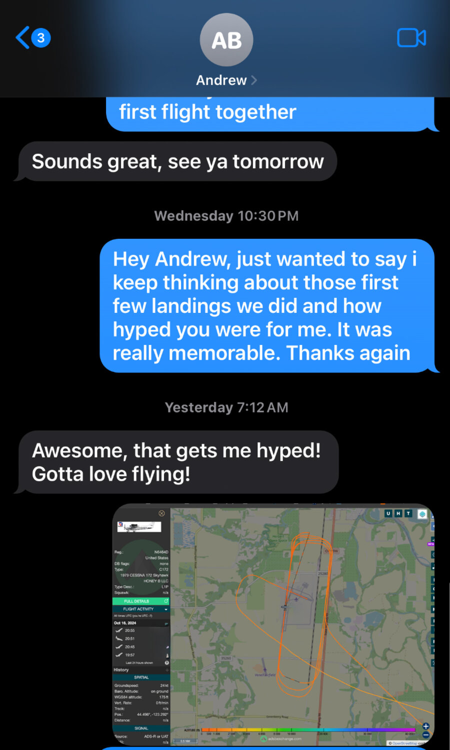 An iMessage thread with Andrew: Kevin thanks him for being hyped about his first few landings, and Andrew replies 'Awesome, that gets me hyped! Gotta love flying!' above a flight-tracker map of practice-pattern loops