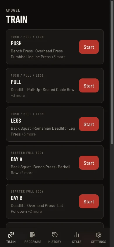 Apogee strength log — Train screen with program day cards