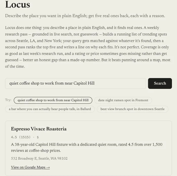 Locus — plain-English place search with a ranked result card explaining why it fits