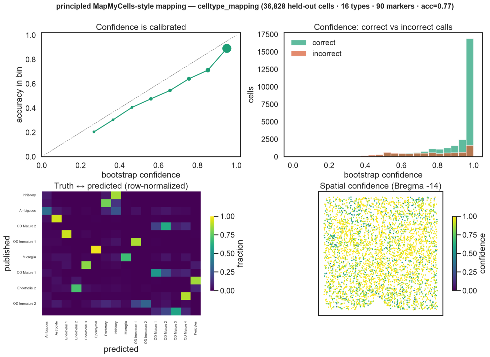 Four-panel principled cell-type mapping: calibration curve, correct-versus-incorrect confidence histogram, truth-versus-predicted concordance heatmap, and a coronal slice colored by per-cell confidence