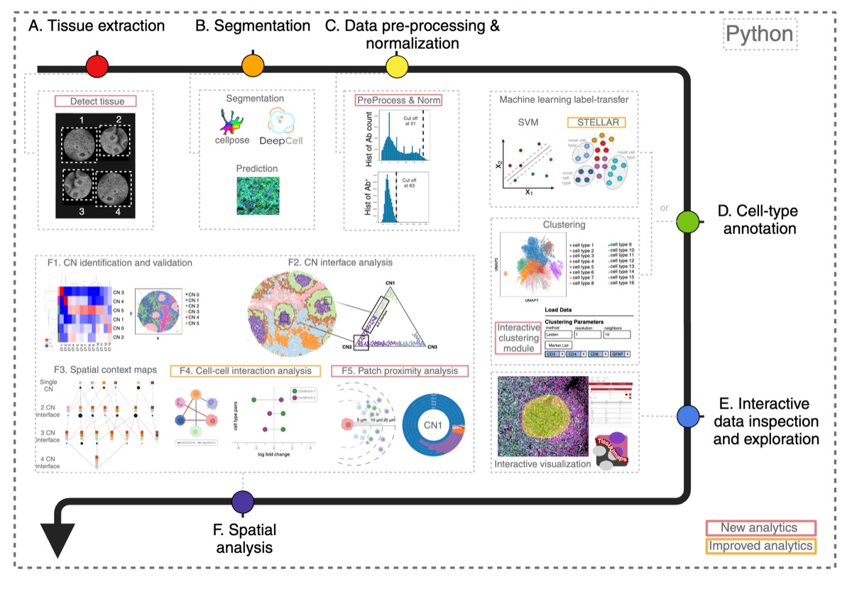 SPACEc pipeline overview — tissue extraction, segmentation, preprocessing, clustering, annotation, and spatial analysis